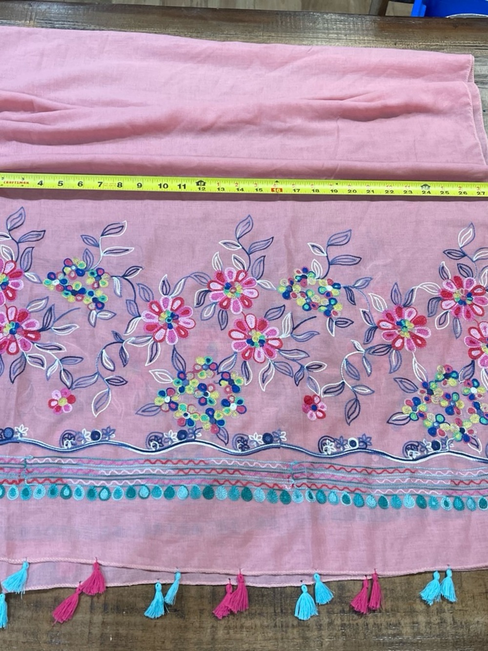 Pink Embroidered Floral Scarf with Tassels